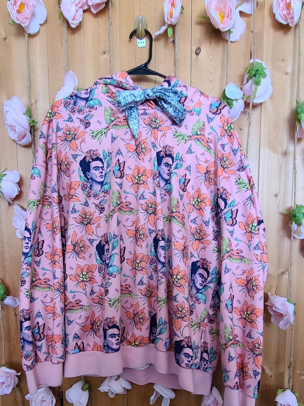 Frida Kahlo Pink Floral & Portrait Hooded Sweatshirt